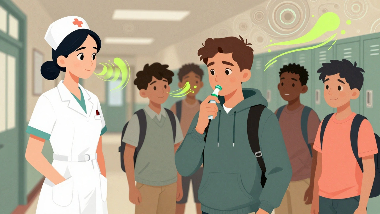 A teen using a discreet spacer under their hoodie while peers look on calmly.