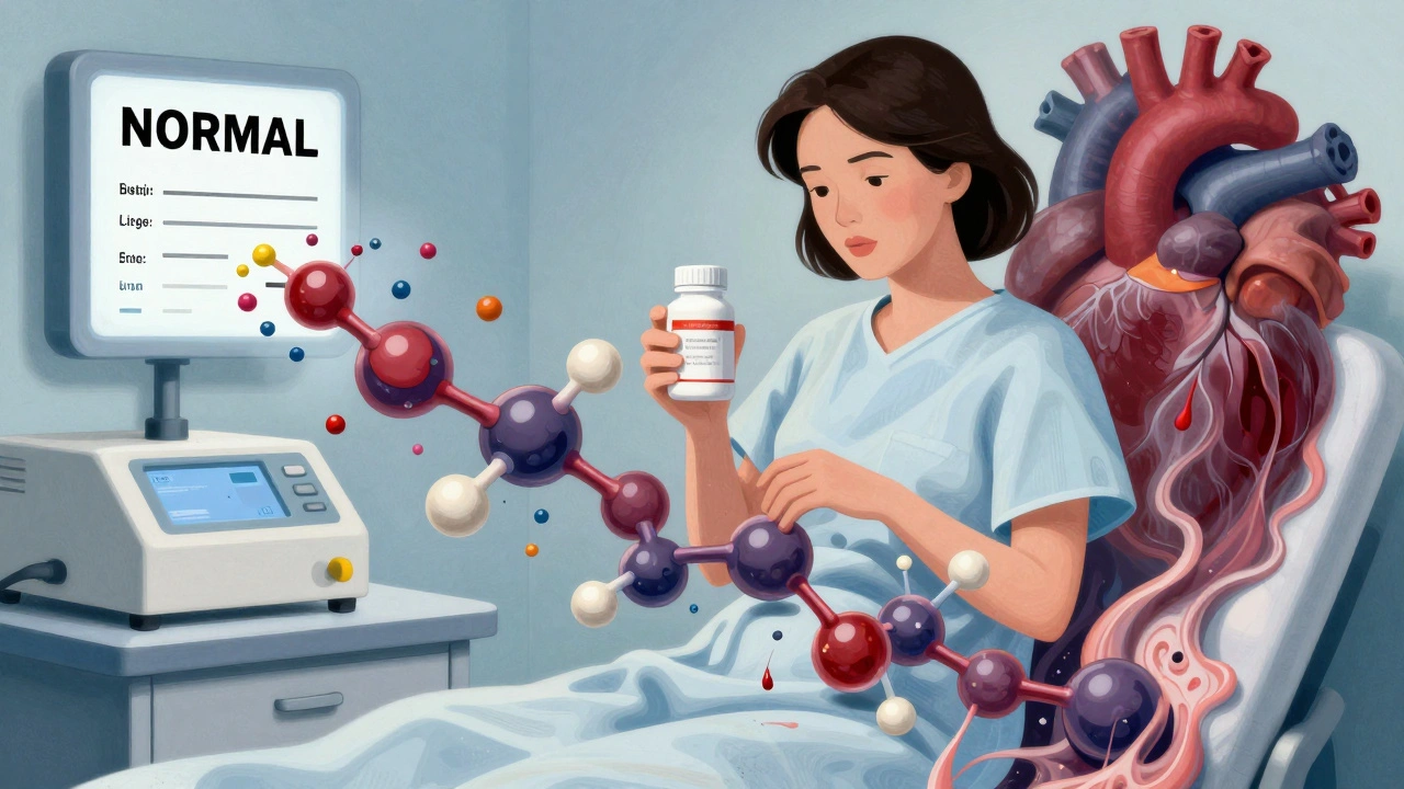A woman’s bloodstream flooded with biotin molecules blocking lab tests, while a heart collapses behind her.