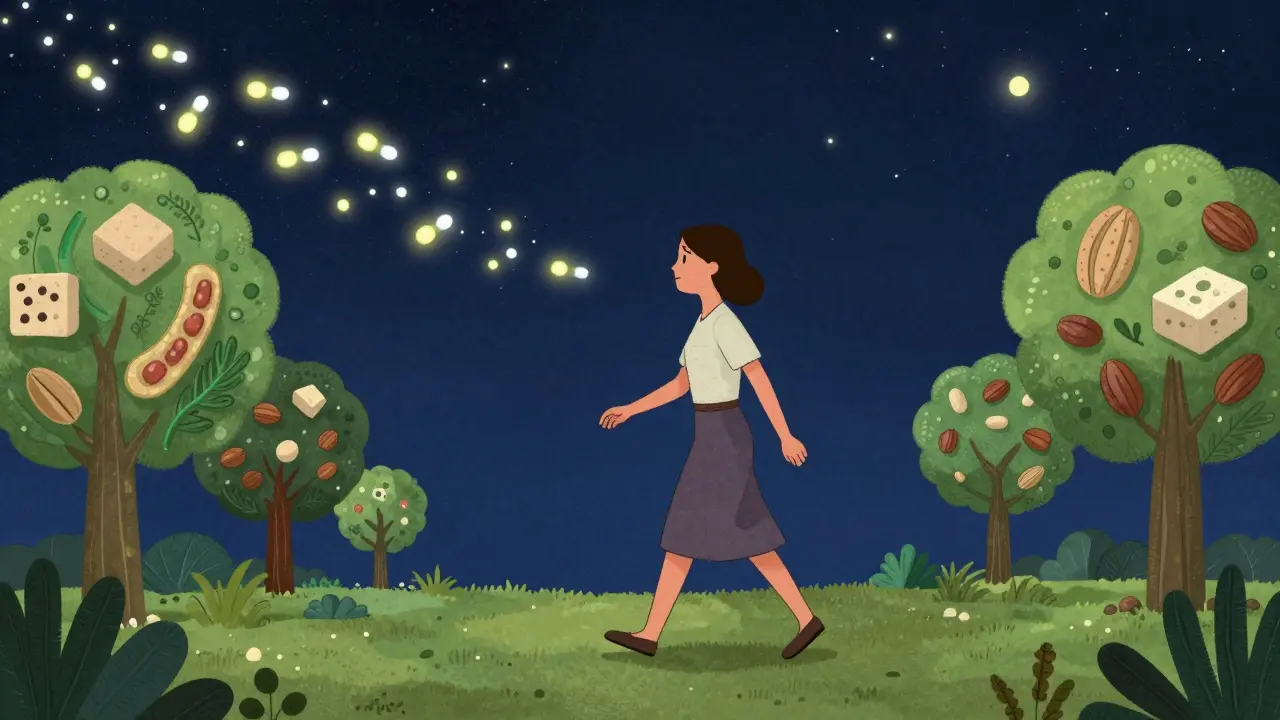 A woman walking at night with glowing insulin trails dissolving, surrounded by vegetable and protein trees.