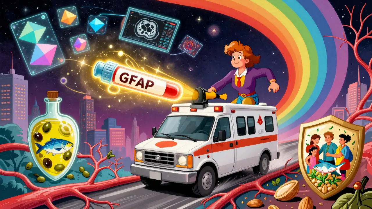 Ambulance racing through a vascular cityscape with GFAP test vial glowing, AI shapes, and healthy food forming a protective shield.