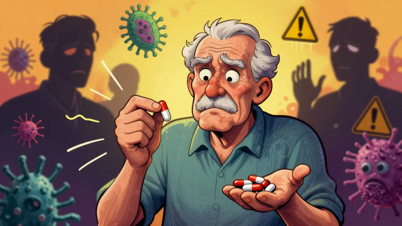 An elderly person holding one pill versus five separate pills, with warning symbols in the background.