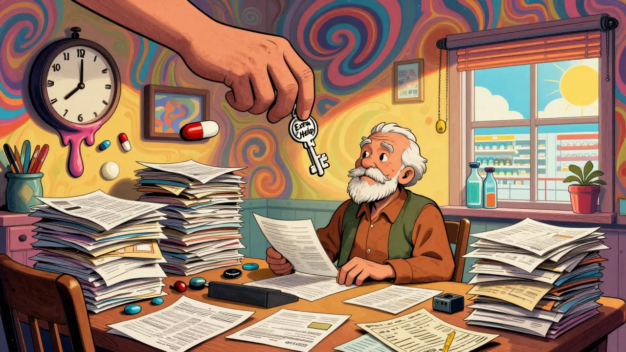 An older adult surrounded by paperwork as a glowing hand offers a key labeled 'Extra Help'.