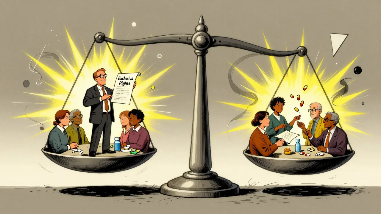 Balancing scale showing brand-name drug profits versus patients receiving affordable generics.