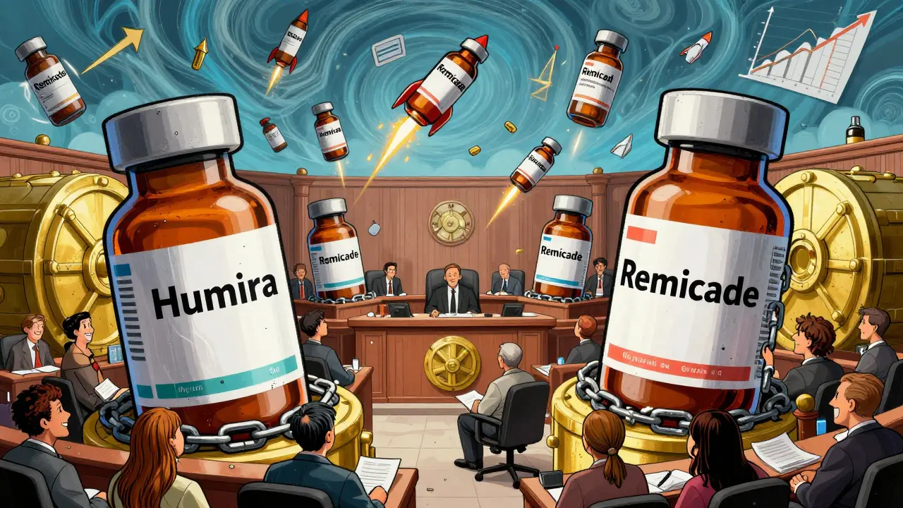 Biologic drug bottles chained to vaults while biosimilars break free as rockets in a vibrant courtroom scene.