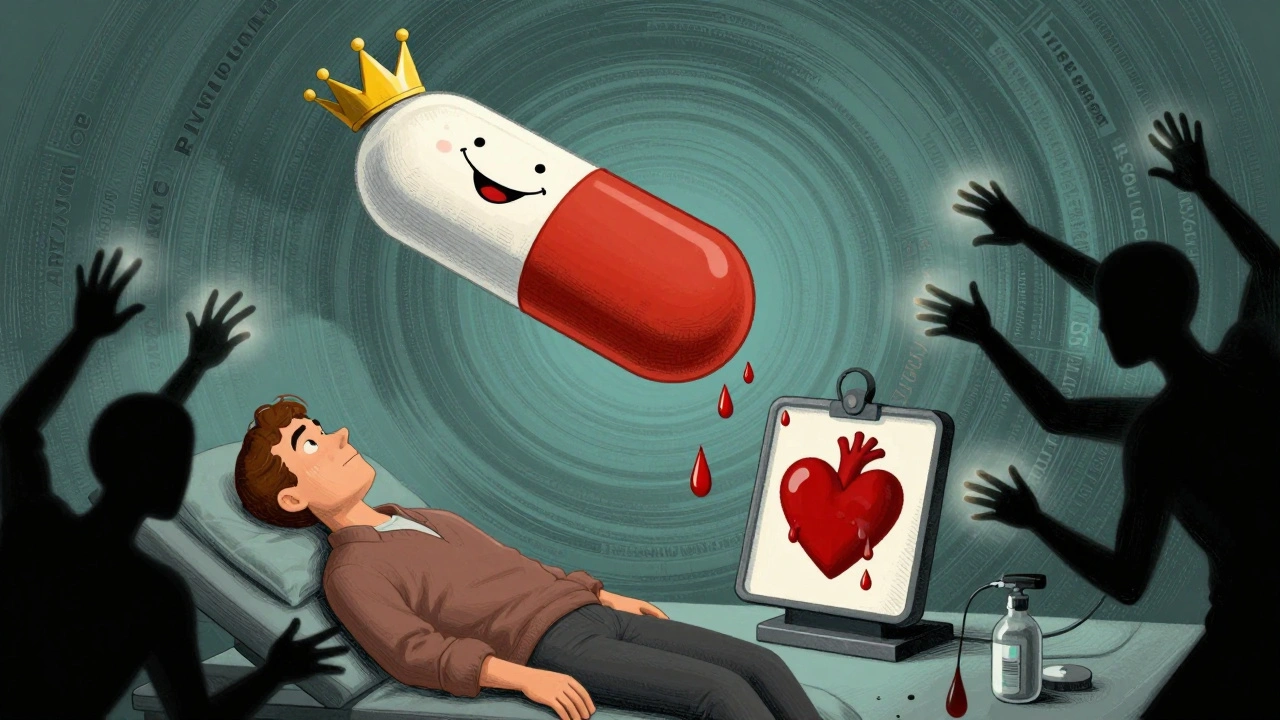 Doctor&#039;s office scene with aspirin crown raining blood while anticoagulants reach toward it, scale tipping toward bleeding heart.