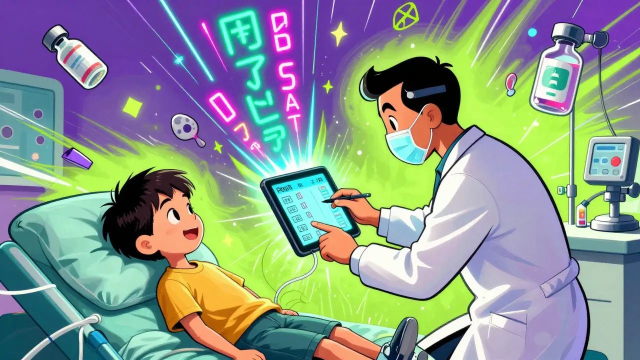 Emergency clinician using a tablet to calculate pediatric drug dose with glowing digital readouts in a hospital setting.