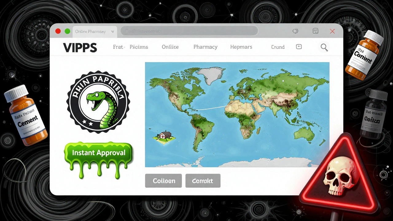 Fake online pharmacy website with a snake-shaped seal and toxic pills raining down from a dark screen.