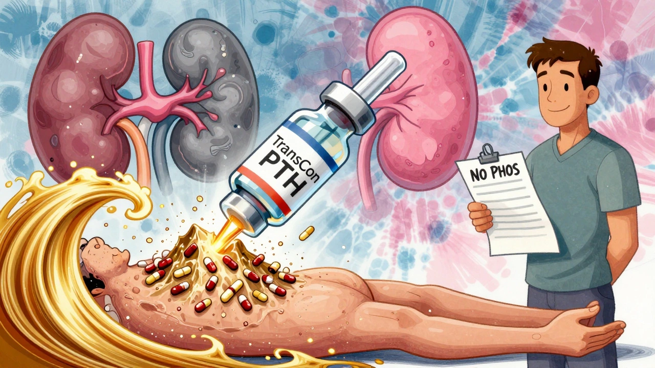 Futuristic PTH injection dissolving pills while a kidney heals, set against a grocery list with &#039;NO PHOS&#039;.