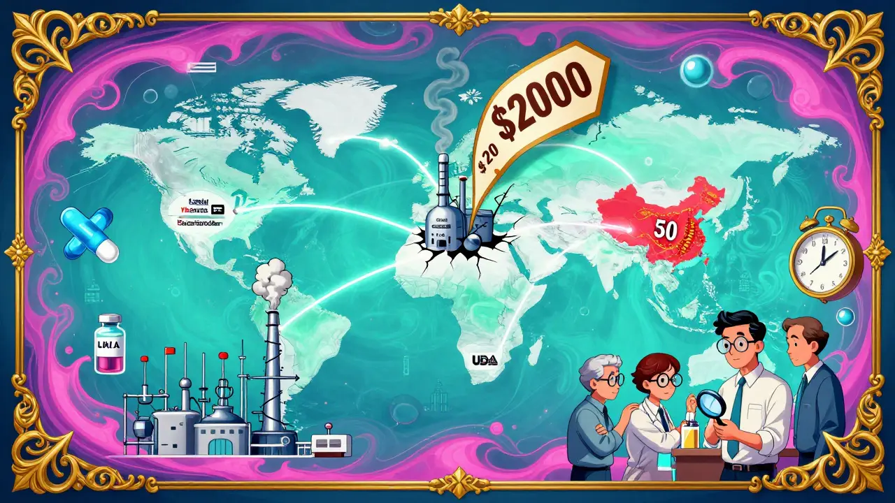 Global drug supply chain with factory cracks causing price spikes and biosimilar molecules nearby.