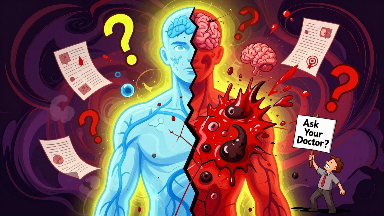 Human silhouette split between health and bleeding chaos, with medical symbols dissolving into smoke and swirling colors.