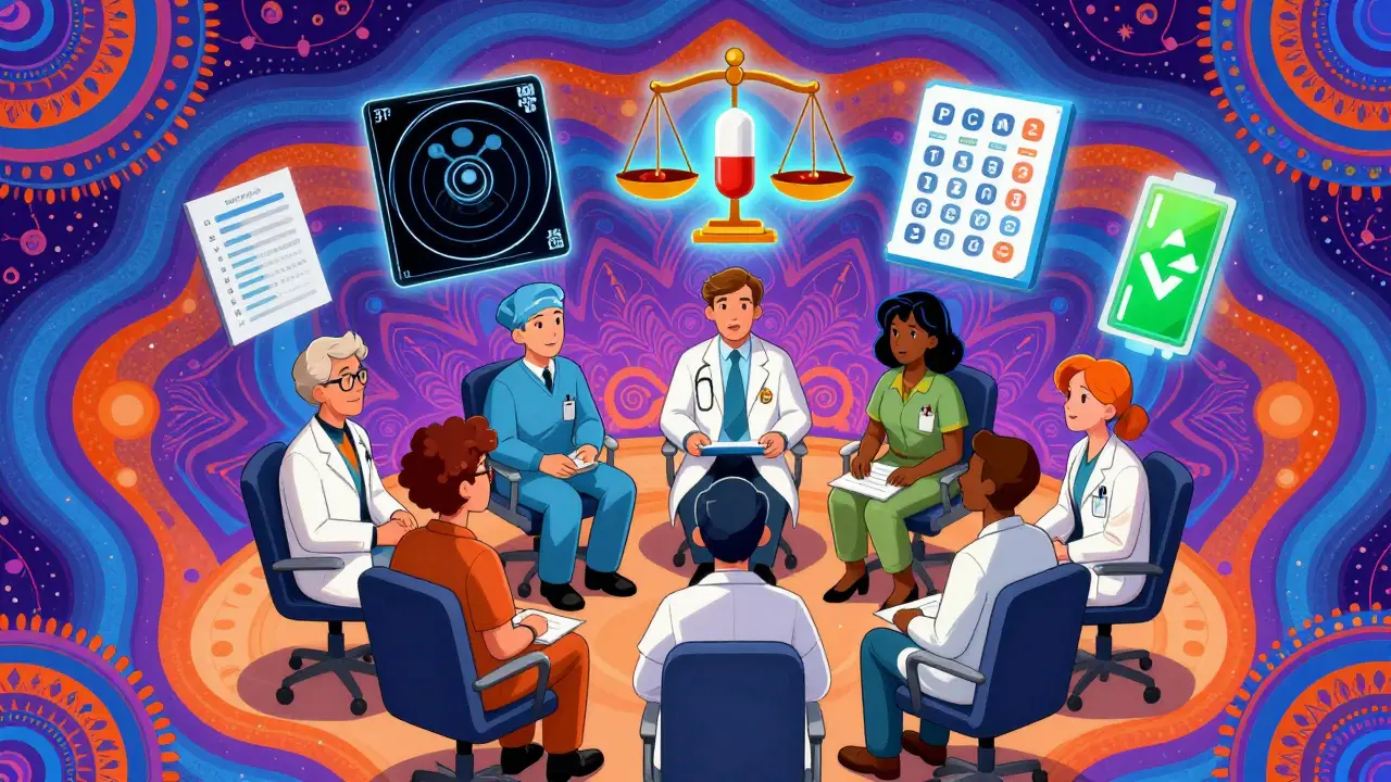 Medical team in a circular discussion surrounded by icons of MRI, levodopa, cognitive tests, and battery.