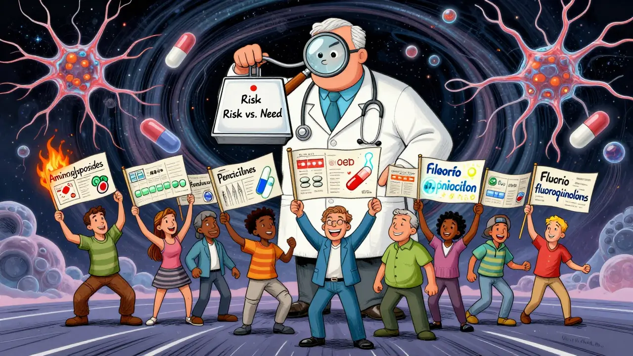 MG patients holding antibiotic flags as a neurologist balances risk and need in a cosmic, swirling scene.