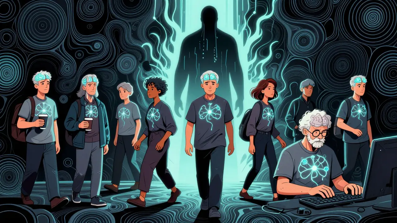 Parkinson’s patients living actively with subtle neural implants, tremors fading into light behind them.