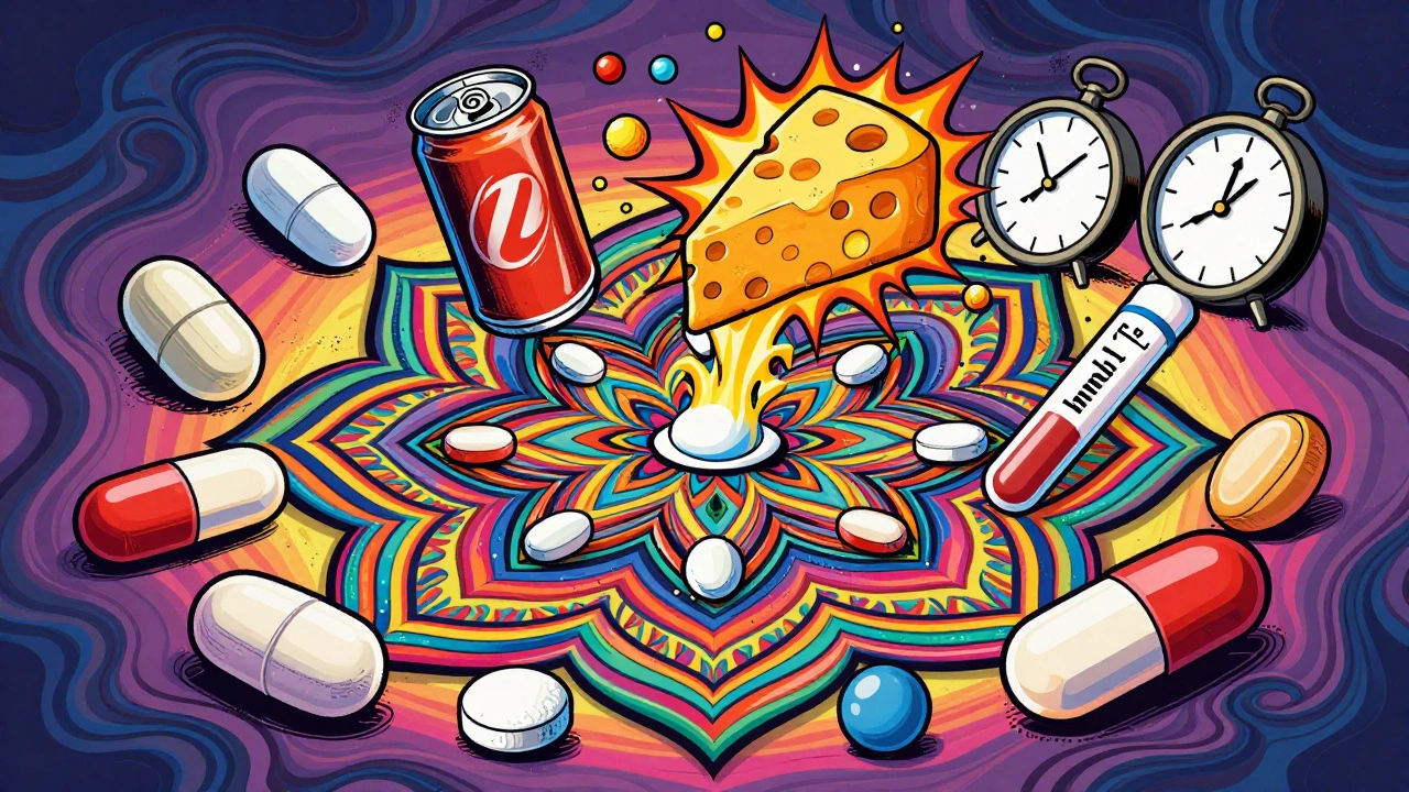 Patient surrounded by floating supplements and exploding phosphate-rich foods in swirling 1960s style.