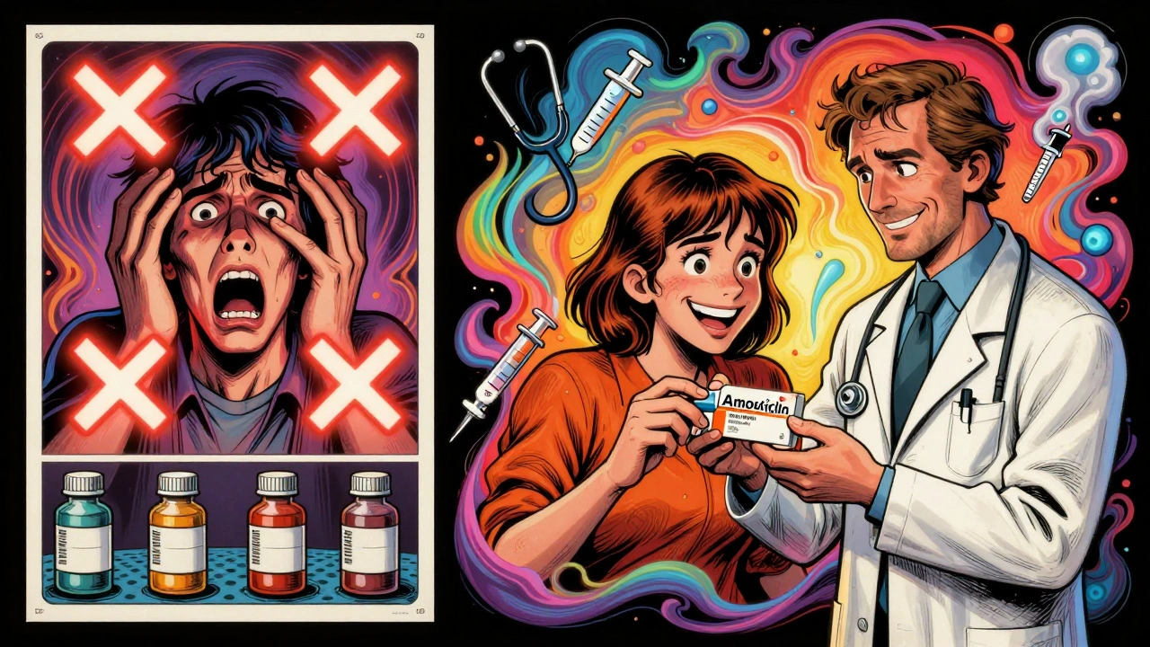 Person transitioning from fear of penicillin to safe treatment with antibiotics, shown in psychedelic art style.