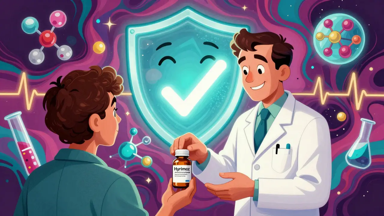 Pharmacist giving a biosimilar bottle to a patient, surrounded by scientific icons in swirling psychedelic style.