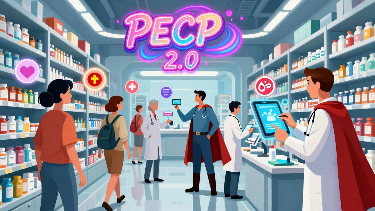 Pharmacists as superheroes sending alerts in a futuristic pharmacy with animated health icons.