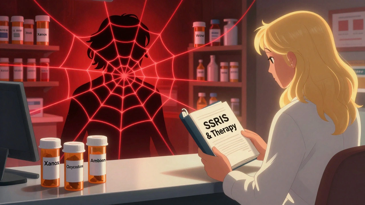 Pharmacy counter with dangerous drug combinations connected by hazard lines