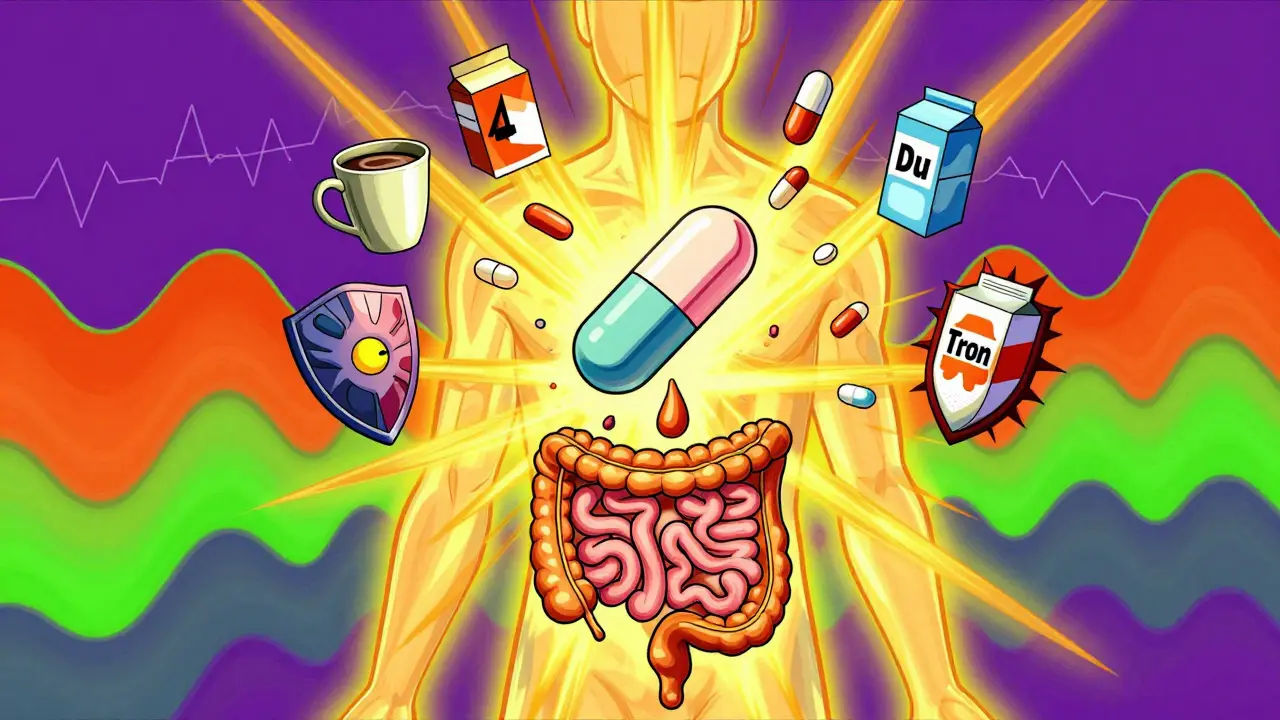 Psychedelic torso diagram showing thyroid pill absorbing while blockers are repelled by golden energy waves.