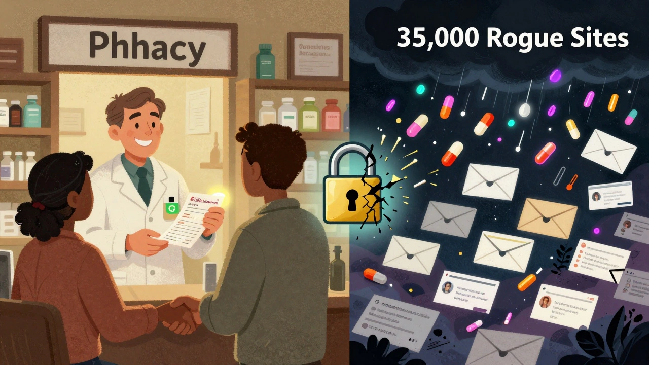 Split image: warm real pharmacy vs chaotic digital nightmare of counterfeit meds and spam emails.