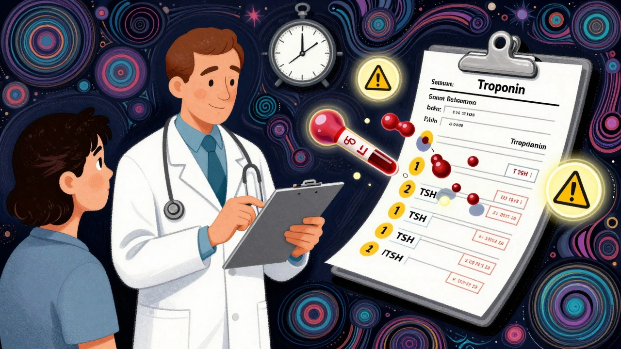Split scene: calm doctor and patient vs. hallucinatory biotin distortion of blood test results.