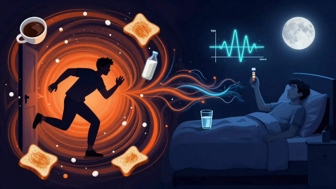 Split scene: chaotic morning vs. calm nighttime thyroid medication routine with glowing TSH chart above.