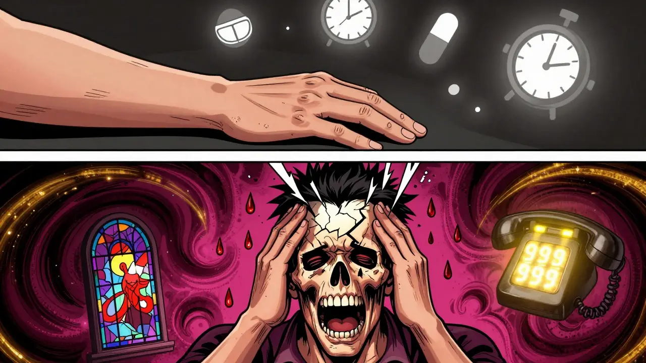 Split scene of a patient with mild stroke symptoms versus one with explosive headache, rendered in psychedelic poster art style.