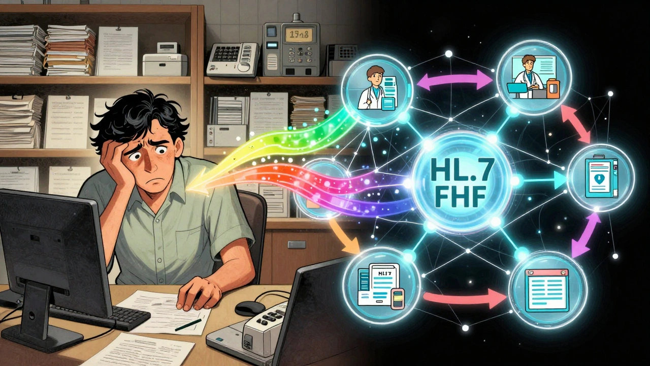 Split scene: old fax machines vs. glowing digital health network in vibrant psychedelic art.