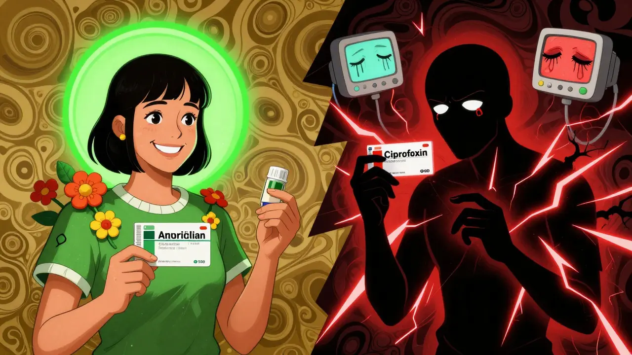 Split scene: patient safe with amoxicillin vs. danger with ciprofloxacin, in 1960s psychedelic art style.