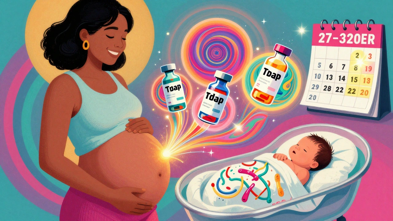 Three colorful vaccine doses radiating light into a pregnant belly, with a newborn wrapped in antibody patterns, in psychedelic illustration style.