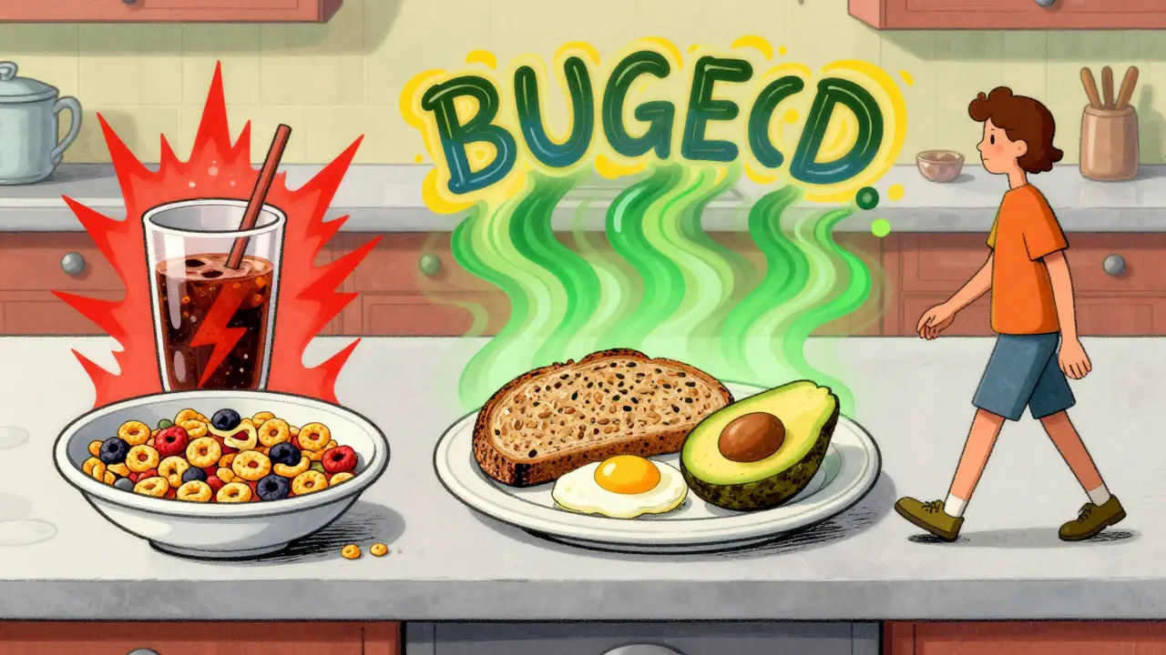 Three contrasting plates on a counter showing sugary vs. balanced meals with swirling psychedelic patterns.