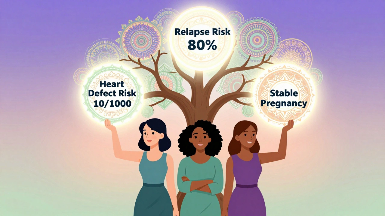 Three women under a glowing decision tree with risks and outcomes, surrounded by abstract patterns.