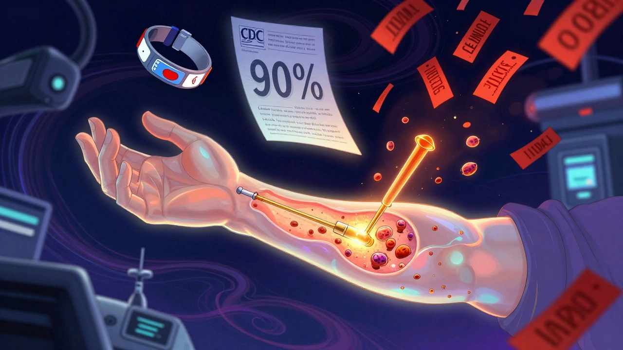 Transparent arm with allergen molecules being tested, floating medical alert bracelets and fading allergy labels.