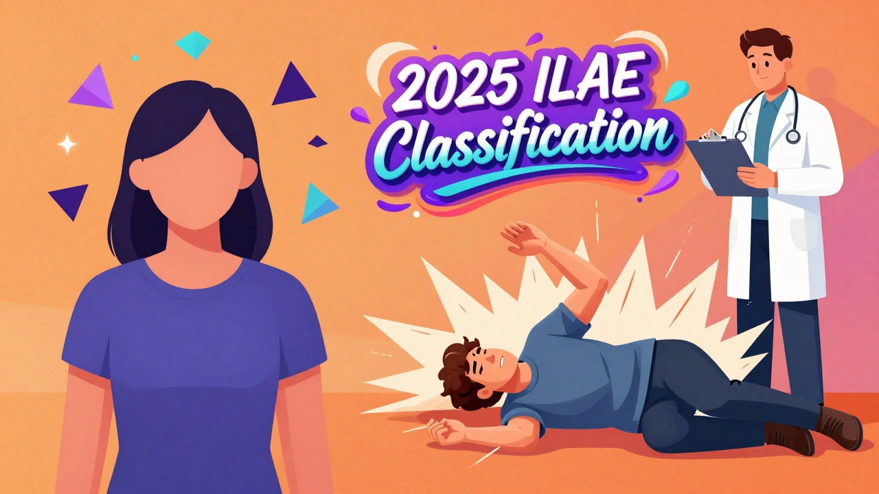 Two people experiencing different seizure types, with abstract visual symbols and a doctor holding a 2025 classification chart.