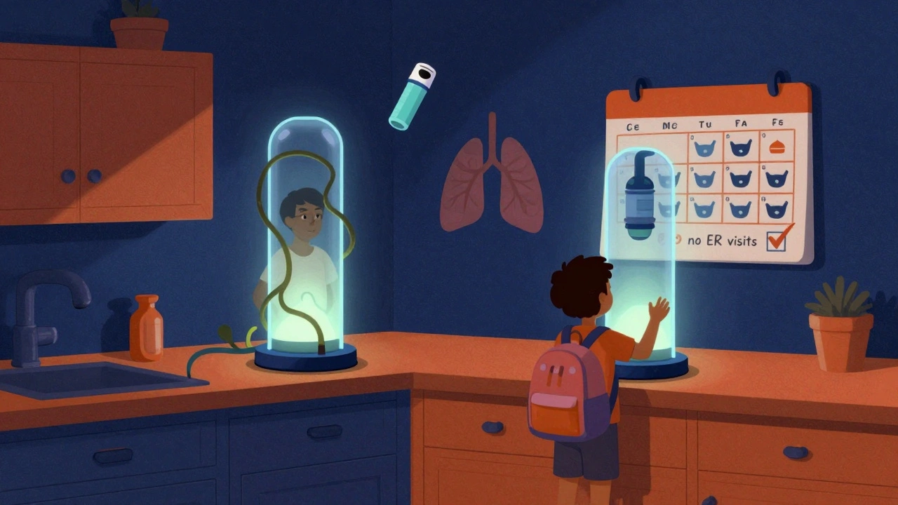 Two spacers at home, one in a backpack, glowing with health symbols and a weekly care calendar.