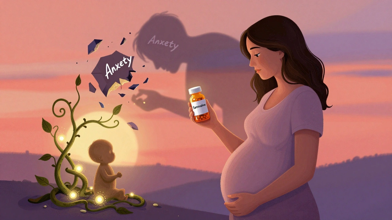 Woman holding SSRI pill as anxiety fades, replaced by supportive vines and a baby silhouette.