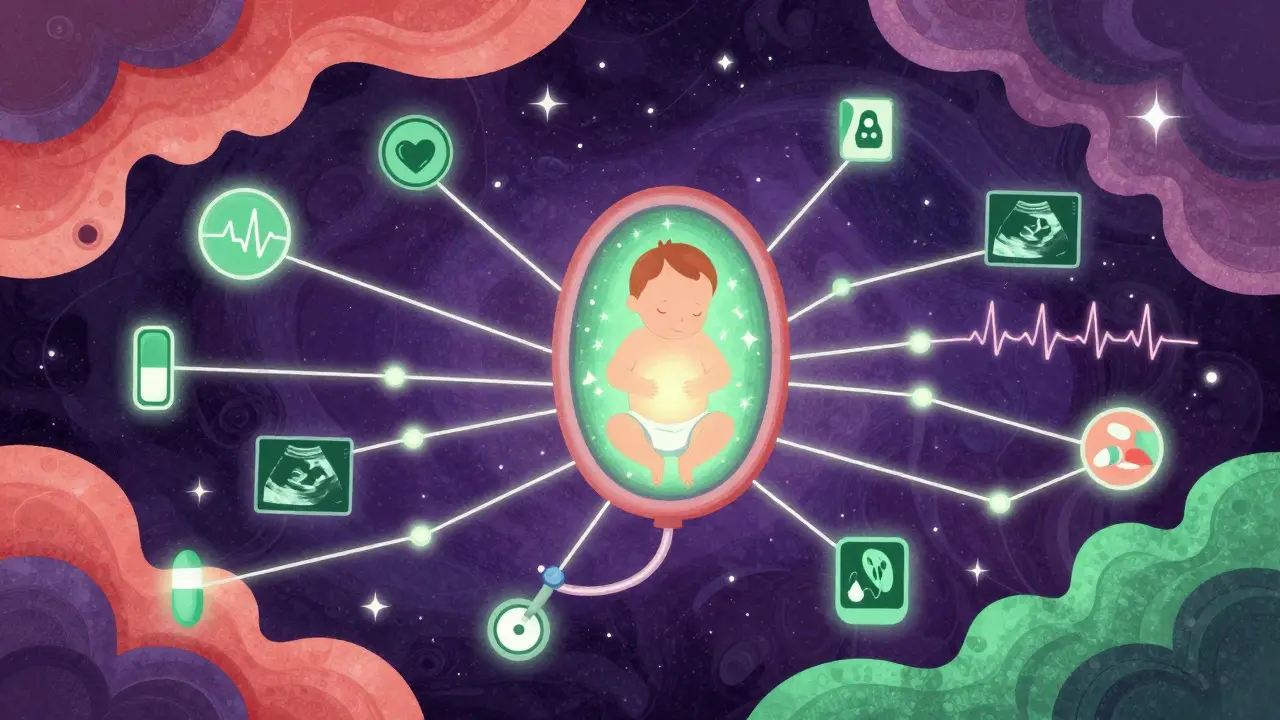 A network of glowing threads connects pregnancies, centered on a baby in a stethoscope cradle.