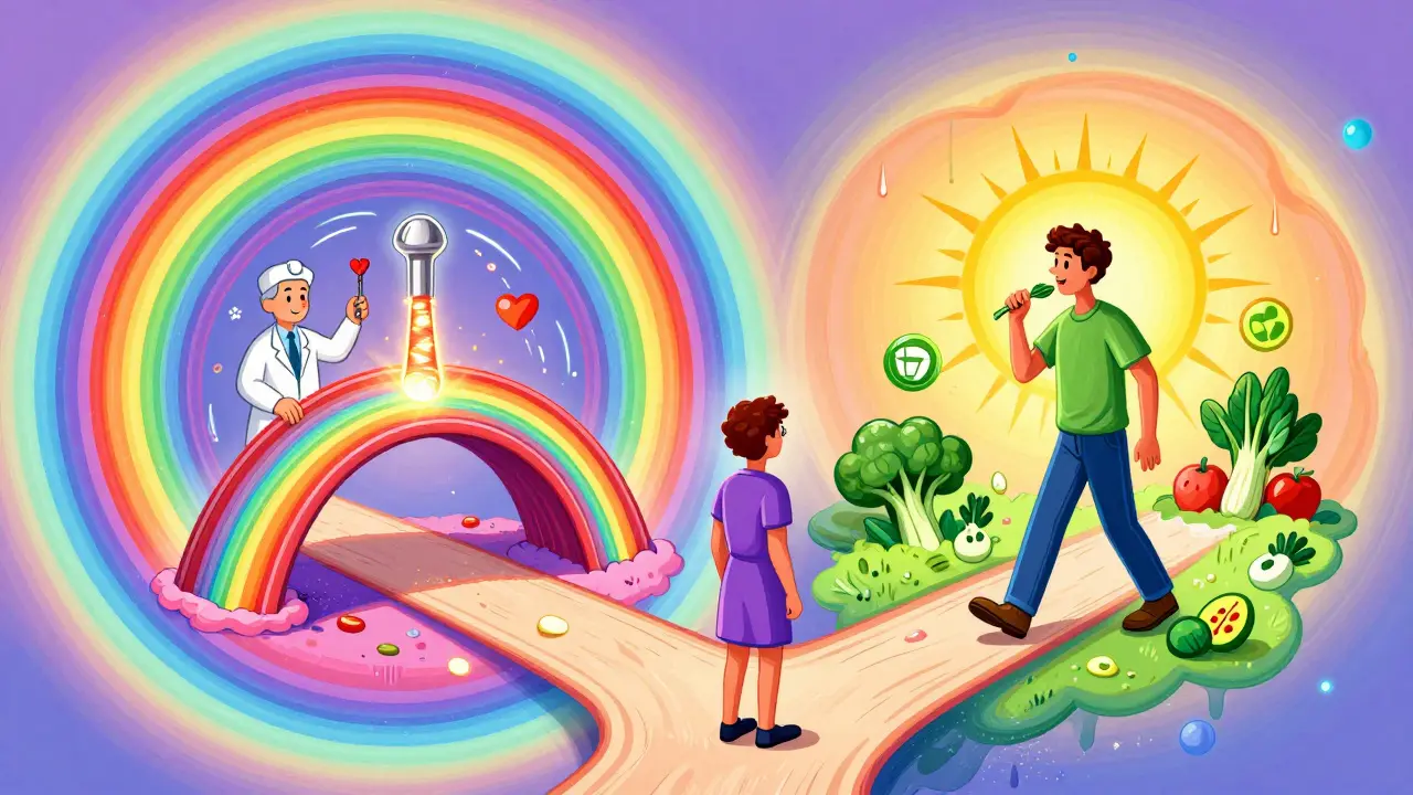 A patient at a crossroads between medical treatment and healthy lifestyle, rendered in swirling psychedelic colors.