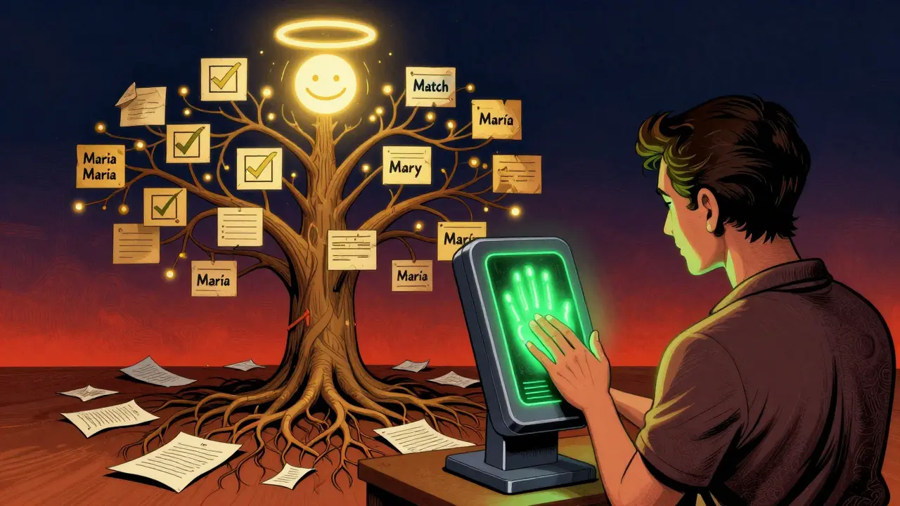 A patient uses a palm scanner as a tree of linked medical records grows behind them in vibrant psychedelic art.