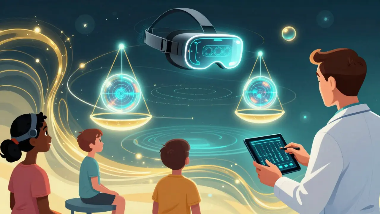 A patient wears a VR headset with balance holograms as a doctor reviews genetic data in vibrant illustrative style.