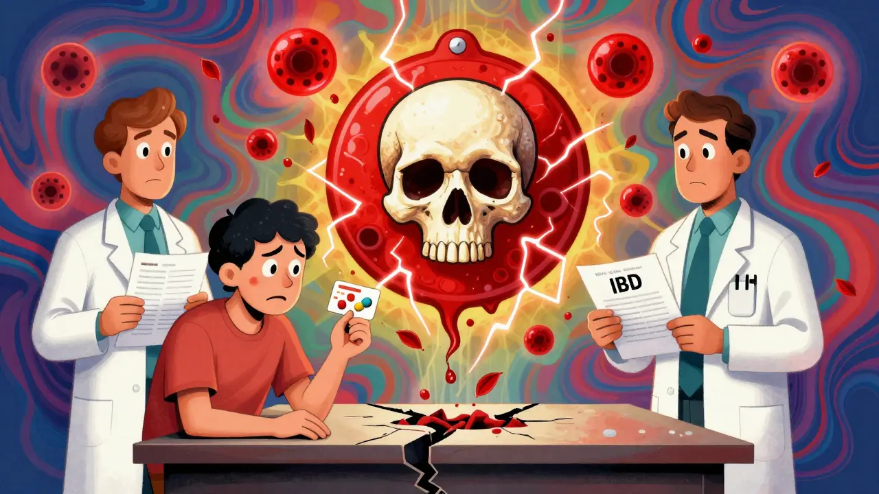 A patient with medication card, doctors divided by a skull-shaped warning and falling blood cells.