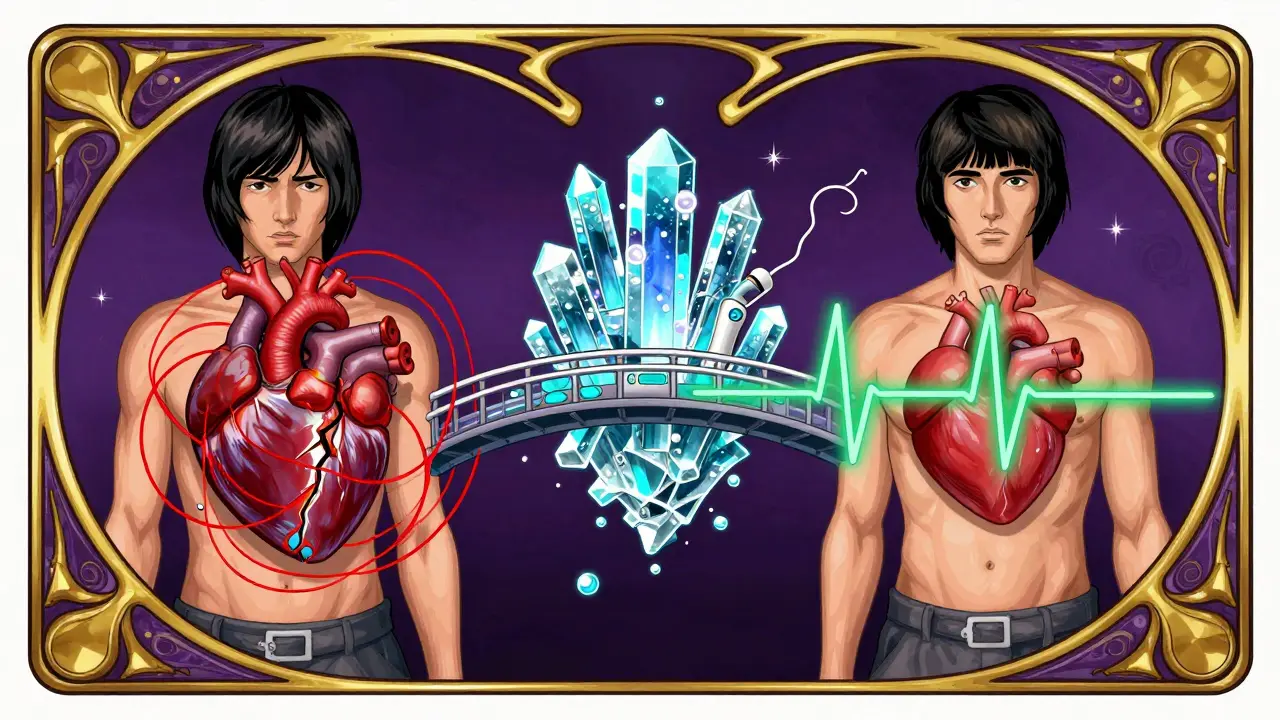 A person transforming from high-risk methadone use to safer buprenorphine treatment, shown with contrasting heart ECGs on a psychedelic bridge.