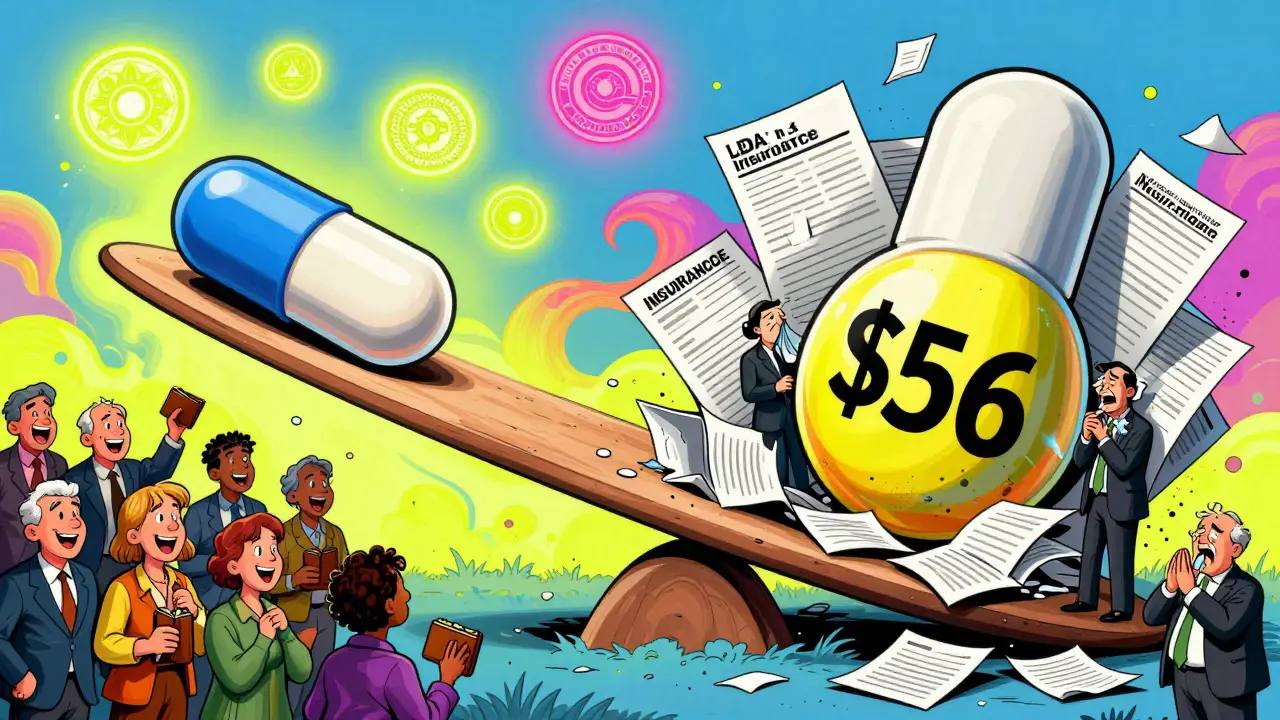 A scale tipping heavily toward a cheap generic pill as brand-name drugs collapse, with glowing FDA seals above.