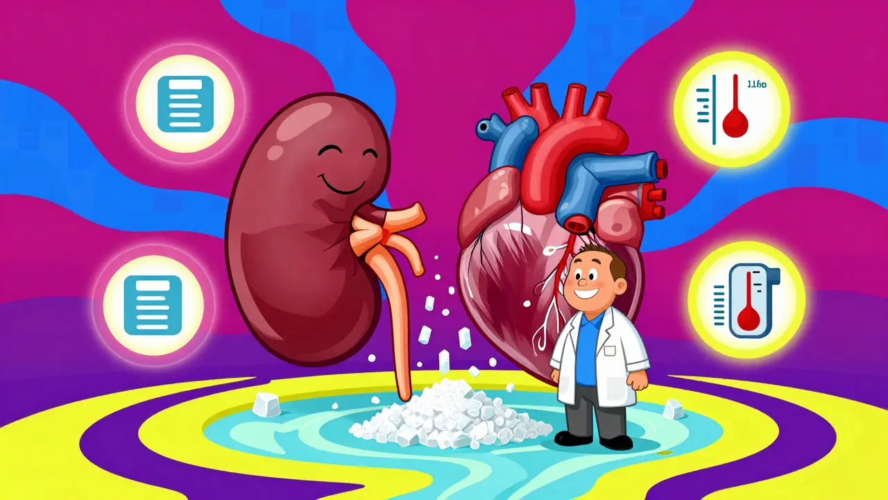 A smiling patient beside a cartoon kidney and heart, with sugar raining down and health icons glowing around them in vibrant psychedelic style.