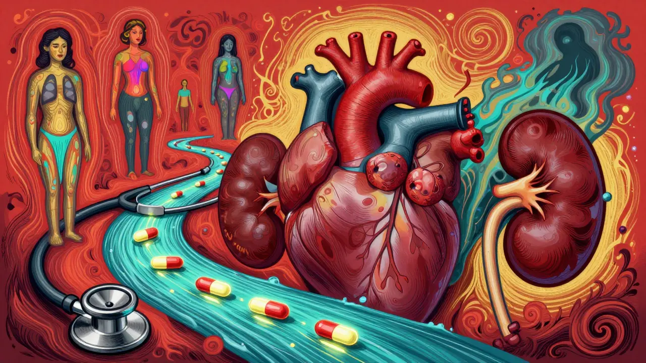 A stethoscope turned into a river of healing, with SGLT2 pills as stepping stones, guiding patients toward better heart and kidney health.