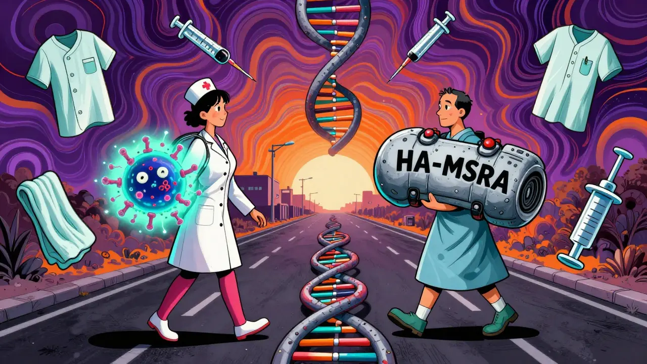 A surreal two-way street where a nurse and hospital patient exchange community and hospital MRSA strains amid DNA and object symbols.