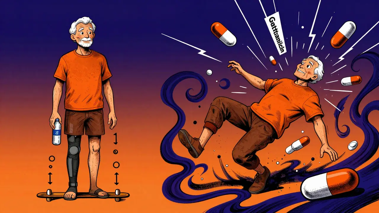 An older adult steadies themselves with stockings and water, while pills cause a chaotic fall in opposing scene.