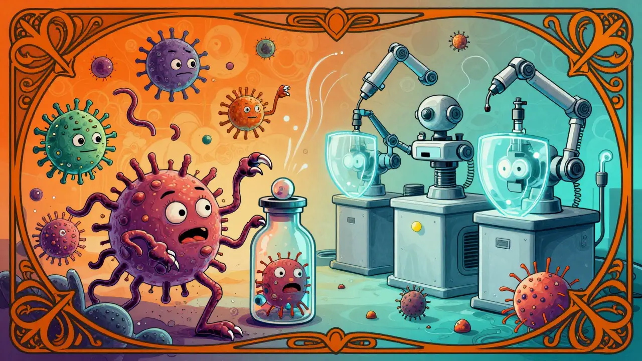 Cartoon microbes battling sterile technology in a vibrant, ornate battle scene.