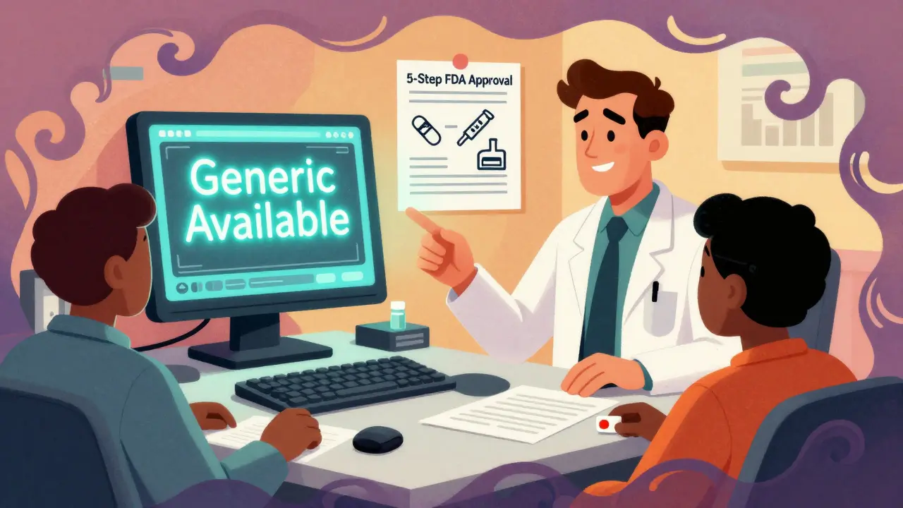 Clinic desk with glowing EHR alert and FDA 5-step card, doctor and patient reaching for generic pill amid swirling retro patterns.