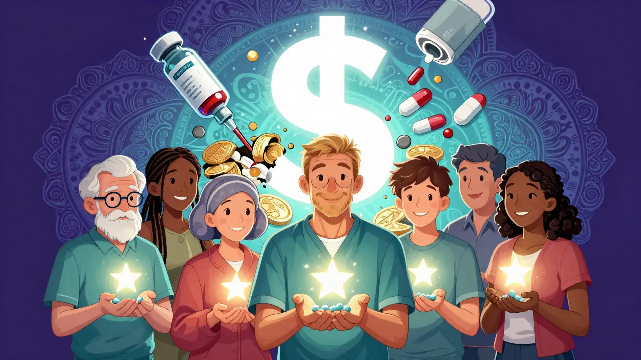 Diverse patients holding glowing biosimilar pills, dollar signs turning into life-saving meds.